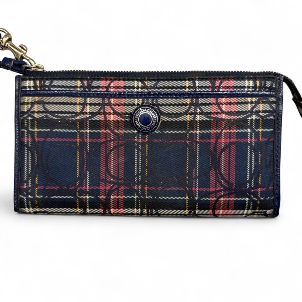 Coach Optic Plaid Wristlet Wallet — Preppy Y2K Aesthetic — Navy/Pink Tartan